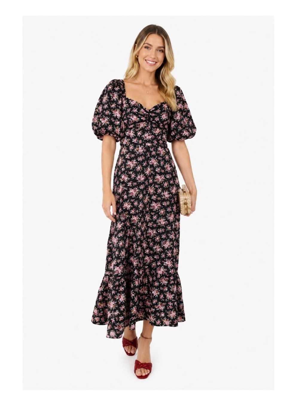Hyacinth House Seaport Midi Dress Size XXL Black Floral Puff Sleeve Open‎ Back